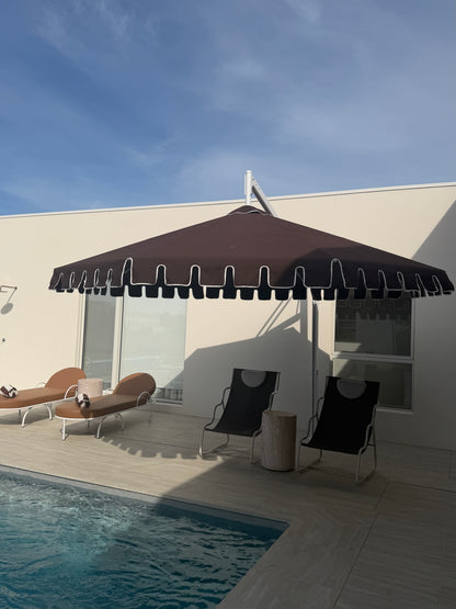 chocolate brown umbrella by a pool with classy chocolate brown furniture